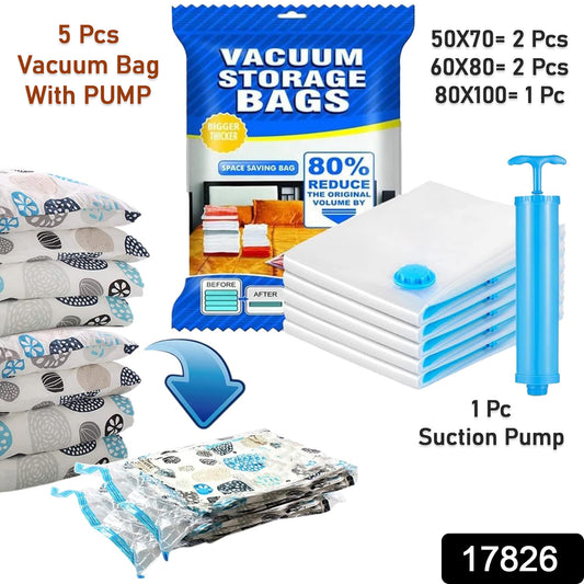 Vacuum Storage Bags with Suction Pump & Shirt Clips 🌬️👔 - Space-Saving Storage Solution (5 Pcs Set) 🌍